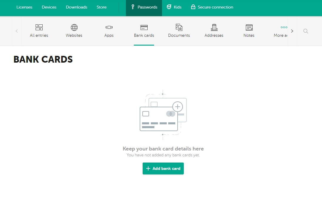 The Kaspersky password manager web app showing bank cards