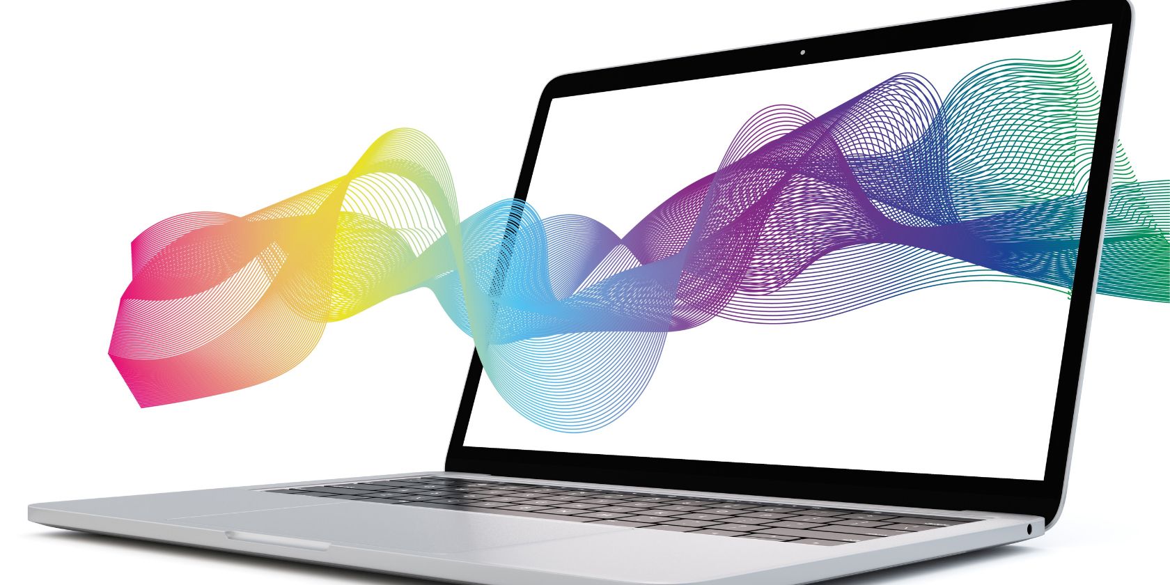 laptop monitor with colorful streaks passing through it on a white background