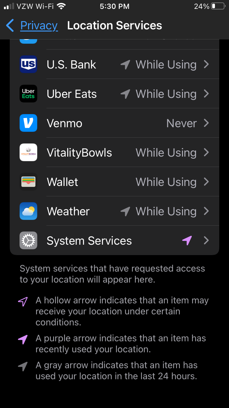 A list of apps in the location services menu