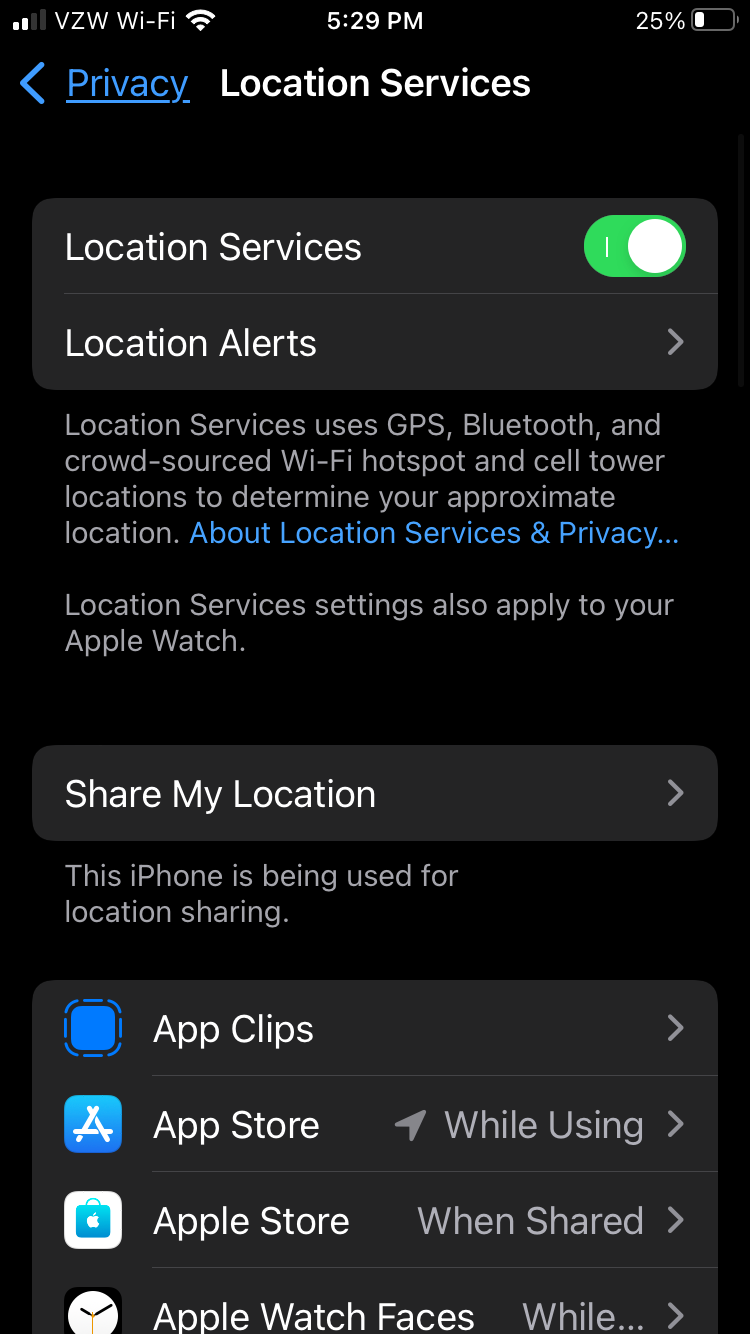 The location services settings menu with location services toggled on