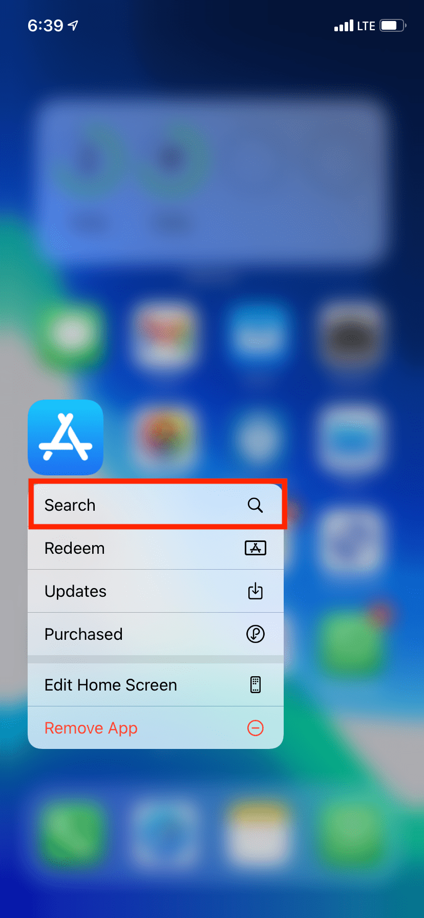Long press iOS App Store icon and tap Search