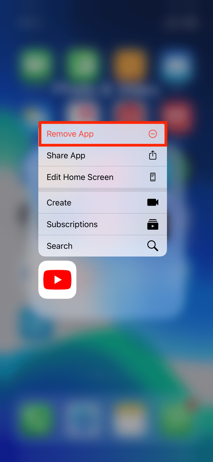 Long-press YouTube app icon on iPhone Home Screen and Delete it
