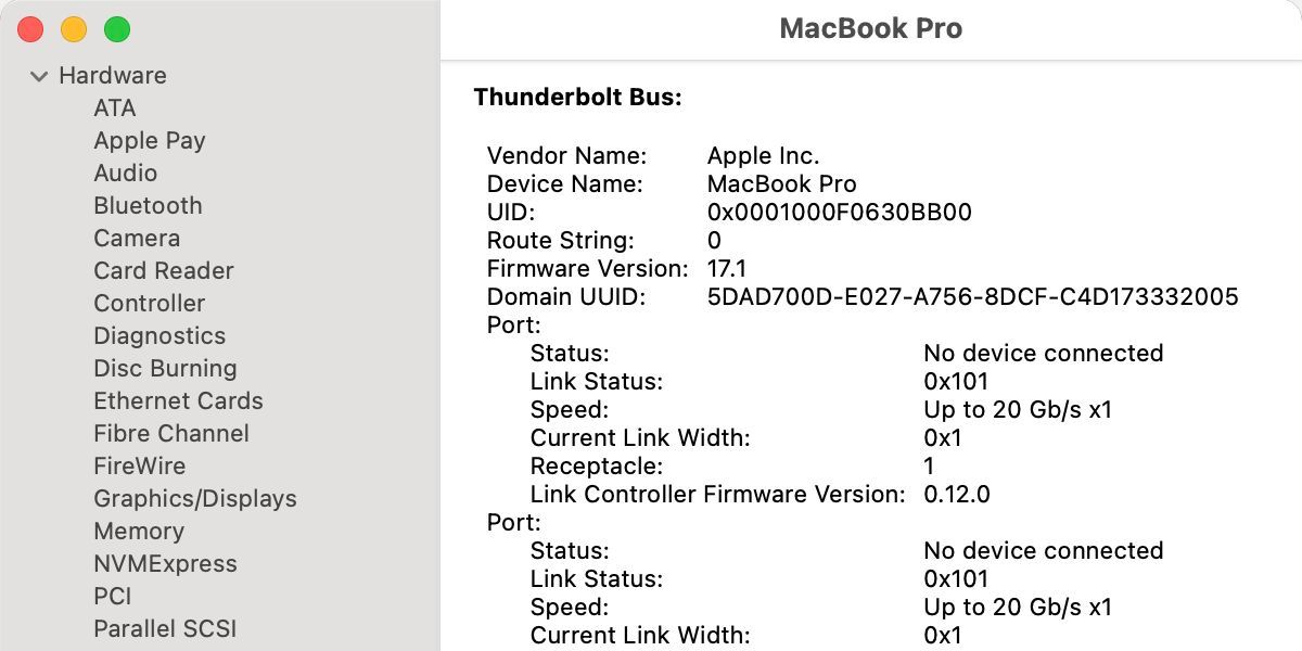 Mac system information window showing Thunderbolt hardware details.