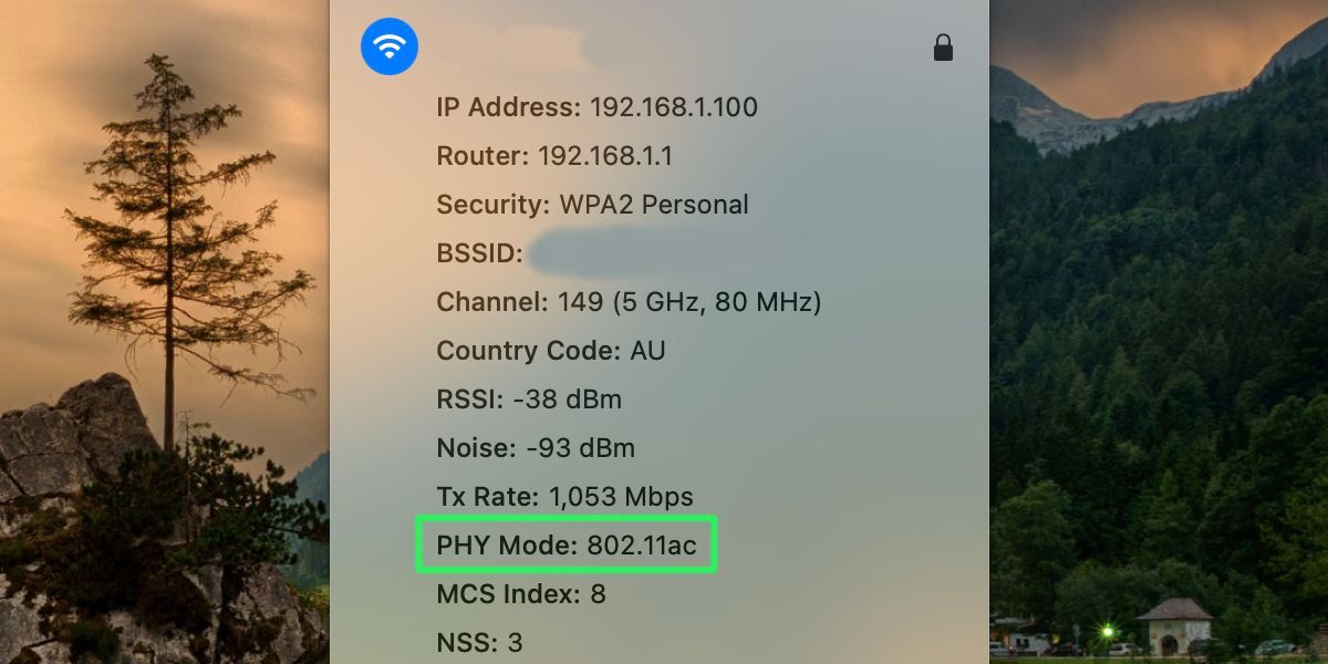 Mac Wi-Fi menu showing a detailed overview with PHY Mode highlighted.