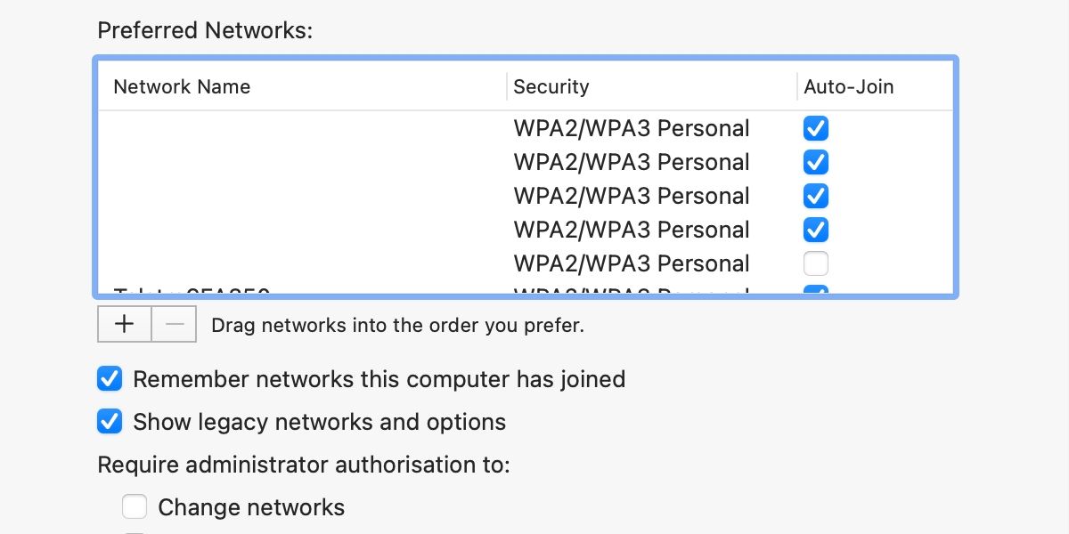macOS WiFi preferences showing legacy networks option.