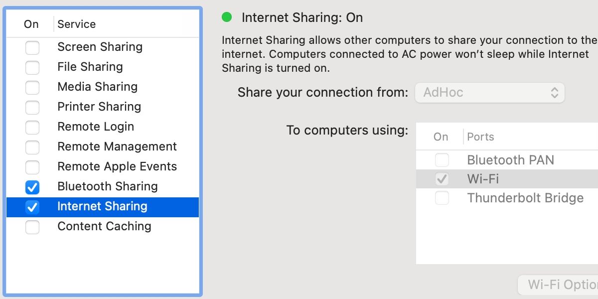 macOS Sharing preferences with internet sharing selected.