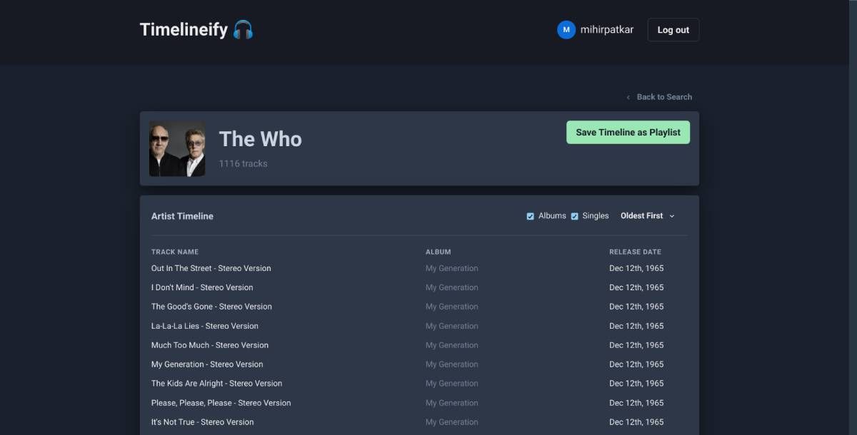 Timelineify creates a chronological order of any artist's releases, divided by album or singles, and adds it as a playlist to your Spotify account