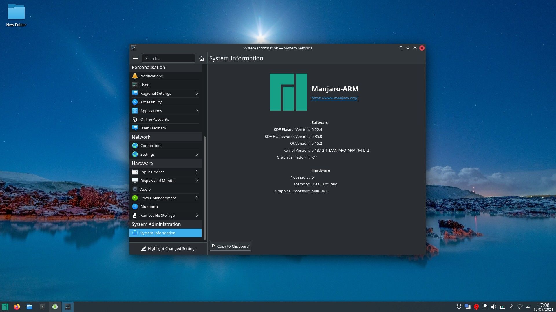 manjaro desktop on pinebook pro settings system information