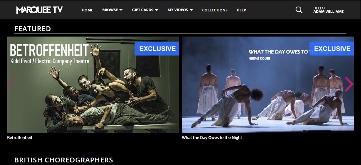 Marquee TV page showing examples of dance content.
