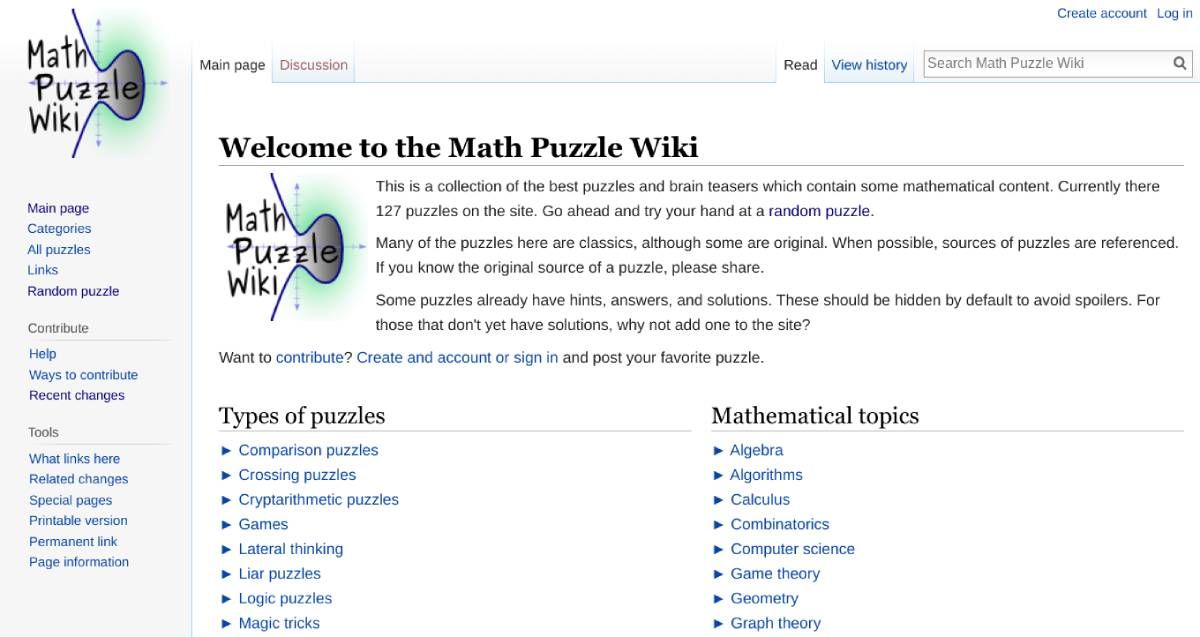 Math Puzzle Wiki is a collection of 127 of the most popular math puzzles and riddles you'll find on the internet, complete with hints and solutions if you're stuck