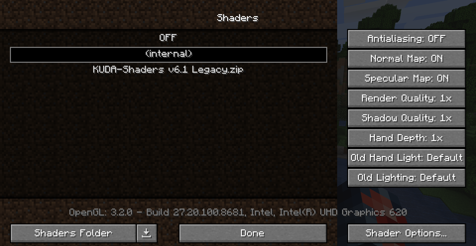 Shader settings in Minecraft OptiFine.