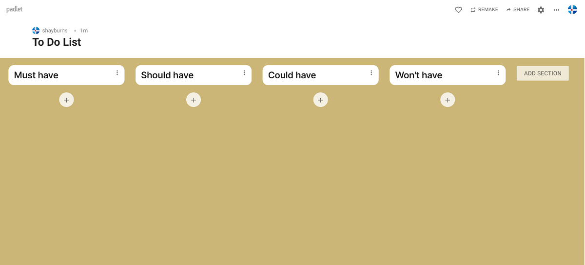 Screenshot of MoSCoW Method in Padlet