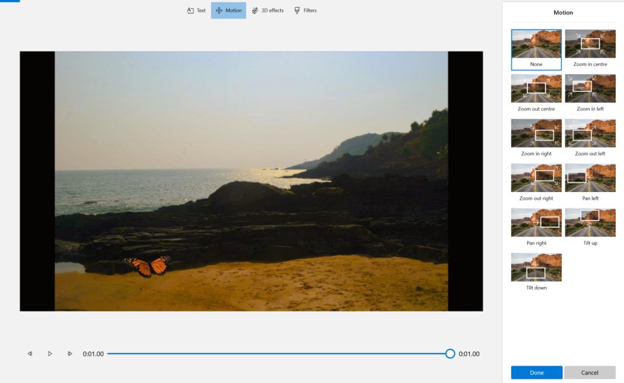 adding motion effect to a video on Microsoft Videos Editor