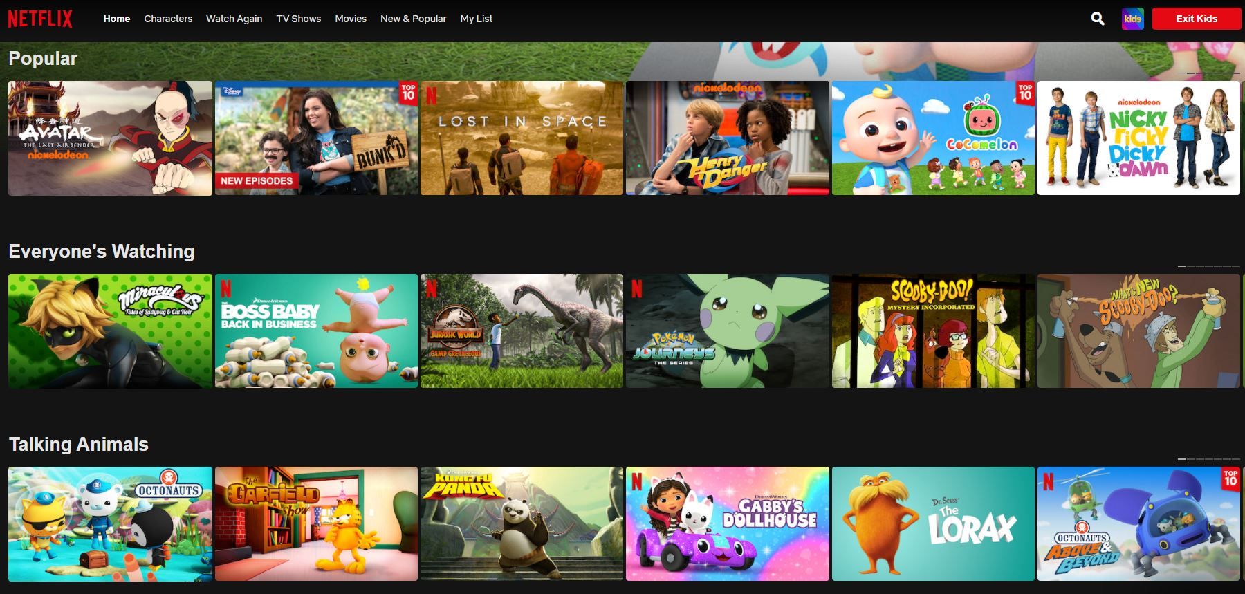 Netflix Kids homepage