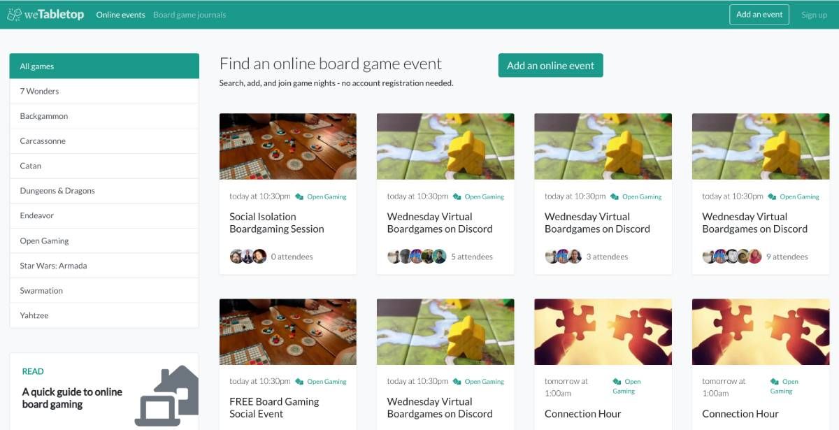 WeTableTop is a directory of online events about board games, card games, and other meetups