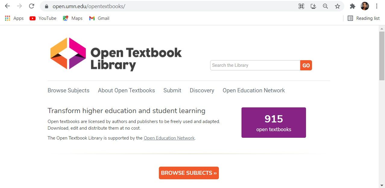 Open Textbook Library website page