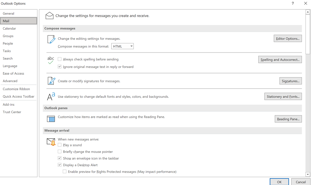 Outlook email notifications menu