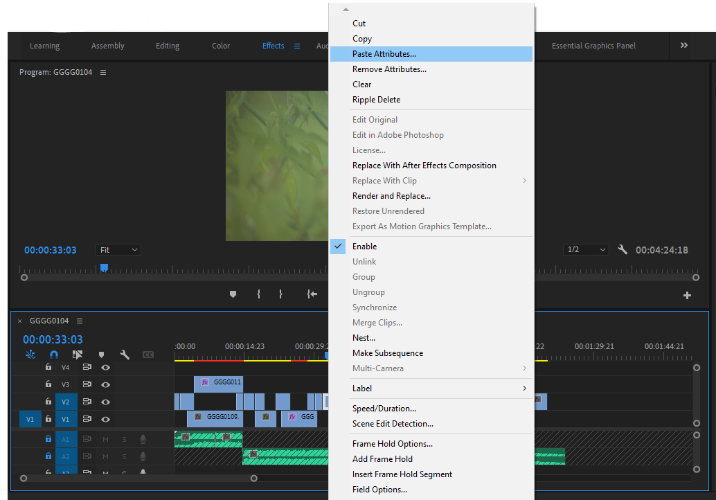paste attributes window premiere - Come utilizzare gli effetti in Adobe Premiere Pro