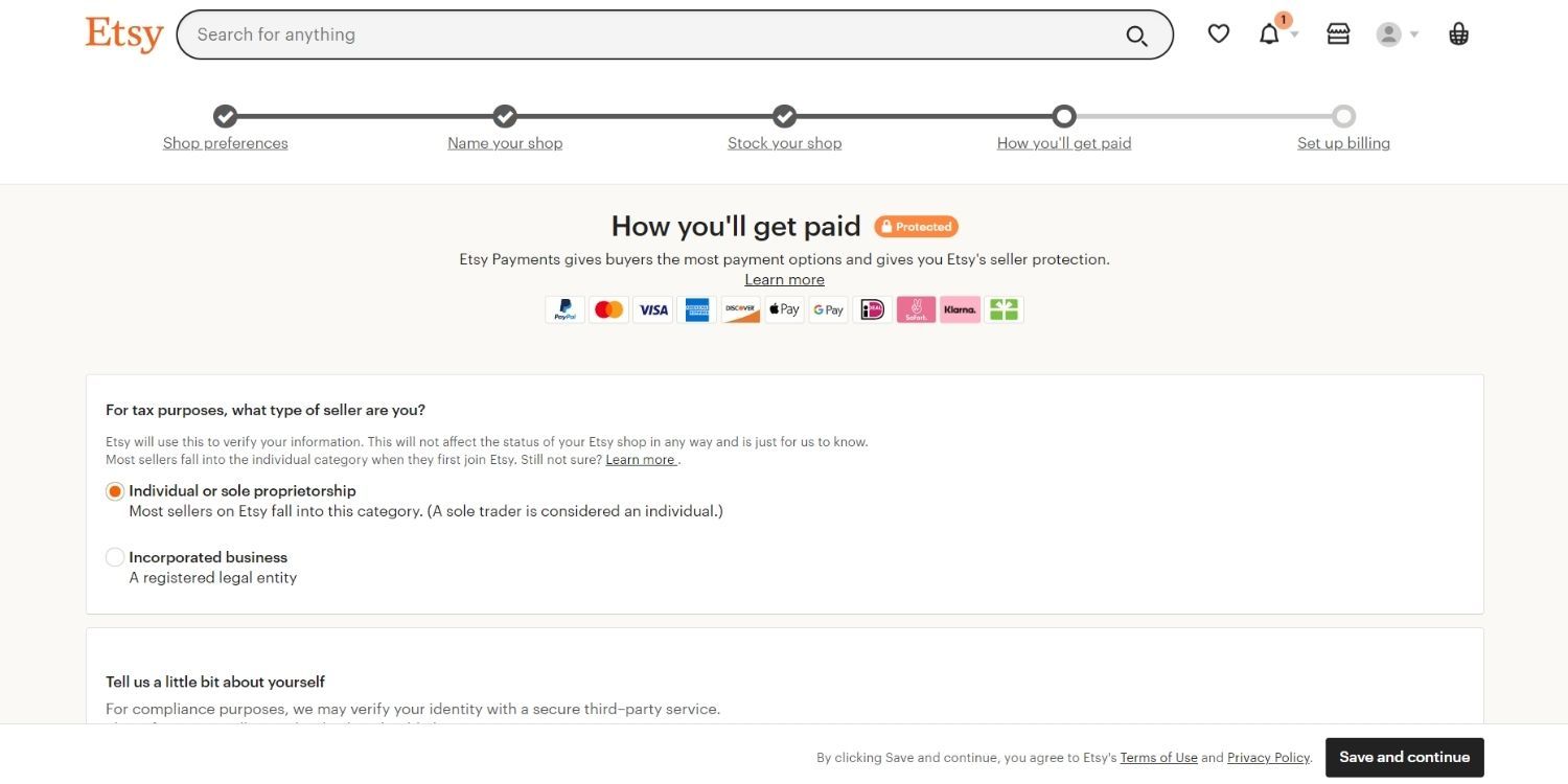 How to get paid on Etsy set up window