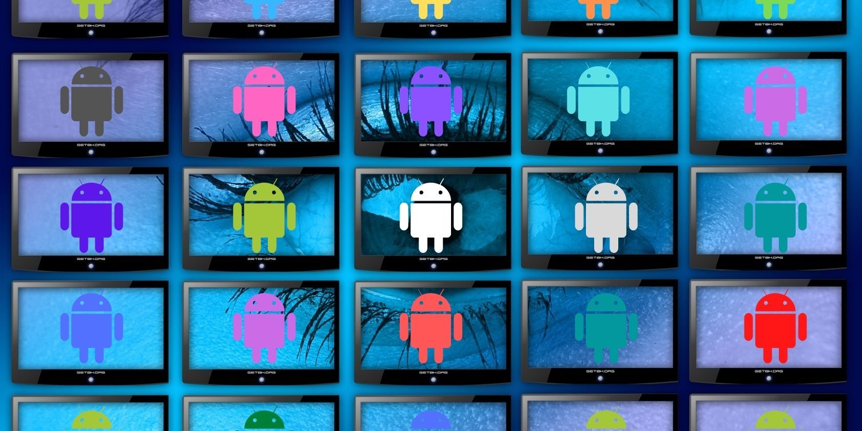 Monitors with Android logo seen before a human eye