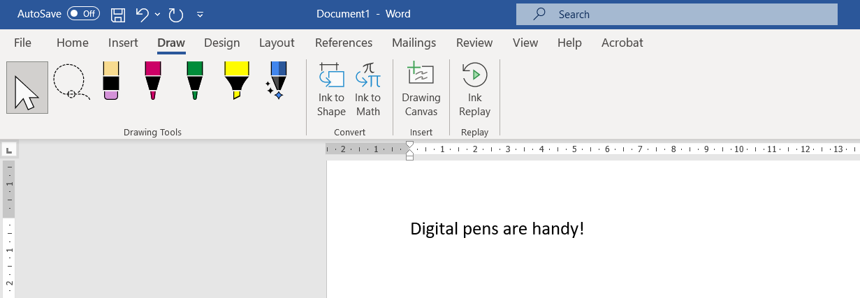 Pen Tools in Microsoft Word Draw Tab