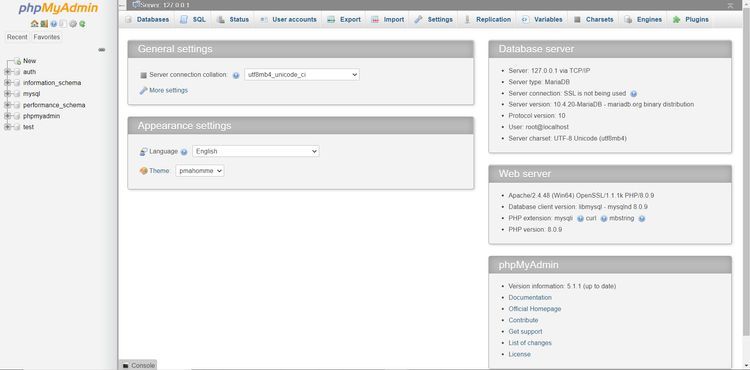 phpMyAdmin administration page