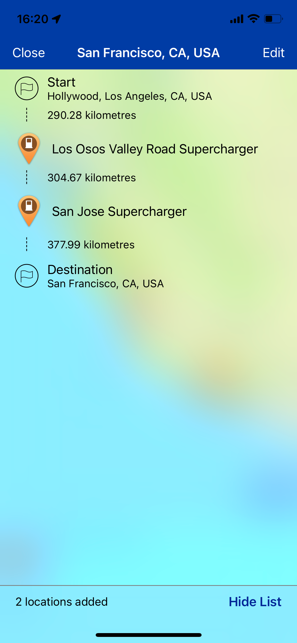 Plugshare app showing route finder option