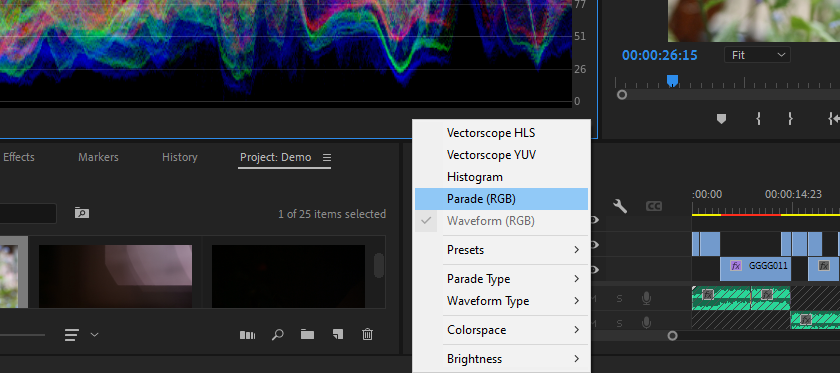 Displaying the Parade RGB in Premiere Pro.