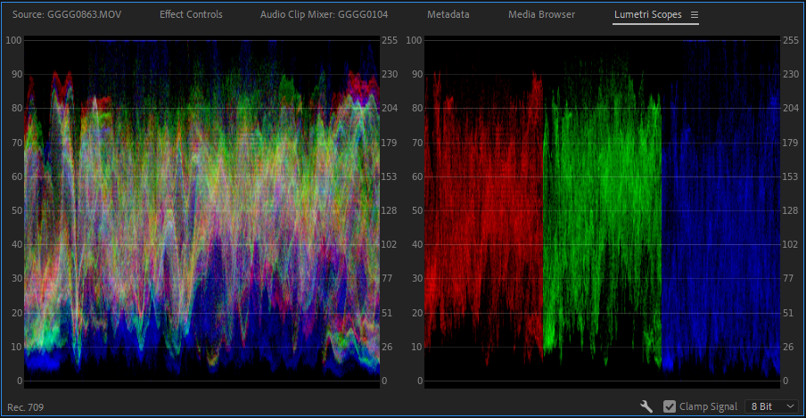 The Lumetri Waveform and Parade RGB scopes in Premiere Pro.