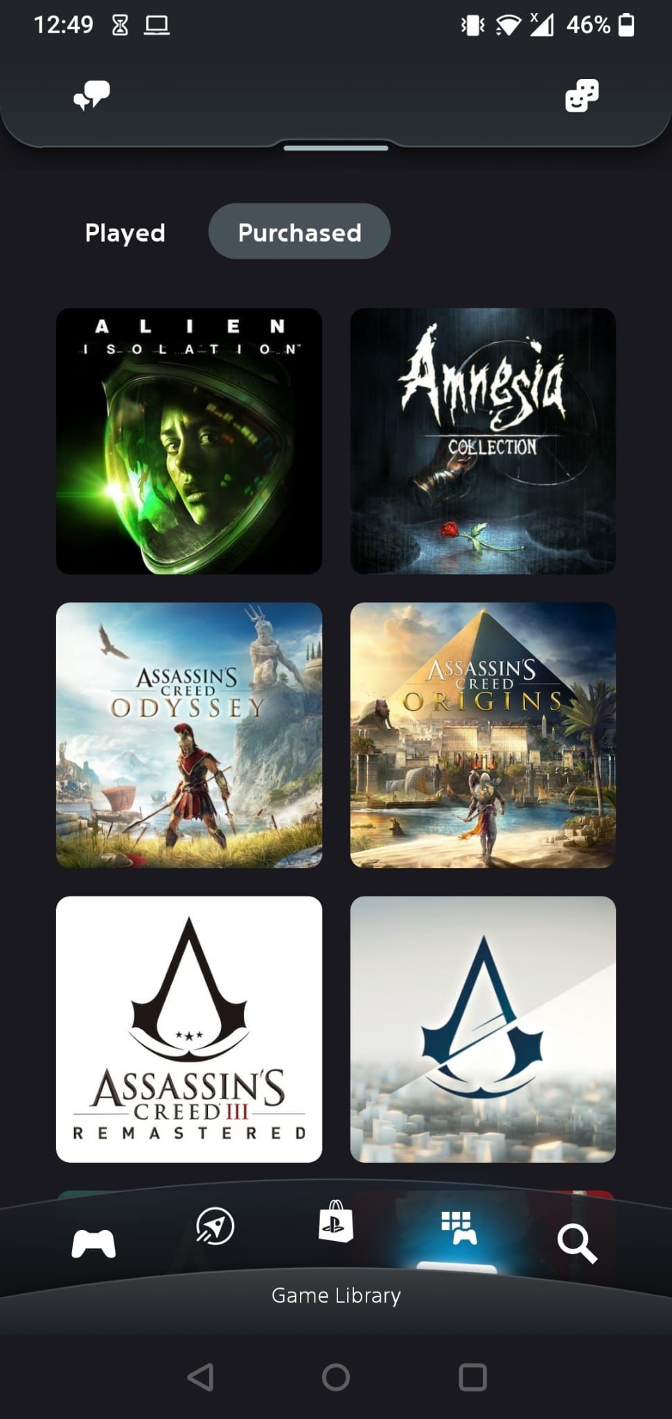 The Purchased section of the Game Library on the PS app