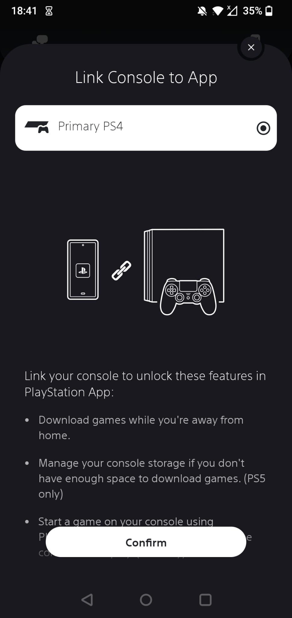 The Link Console to App section on the PS App on Android