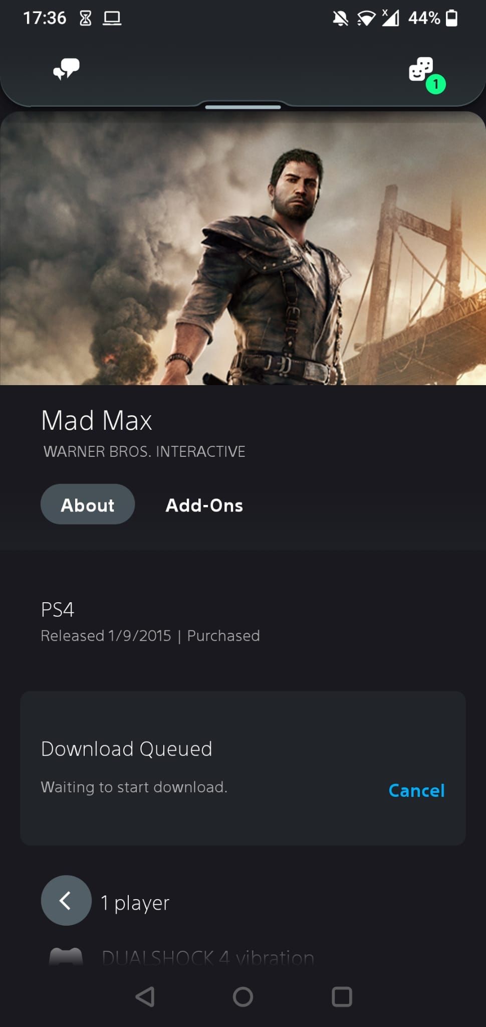 A download queued on the PS App on Android