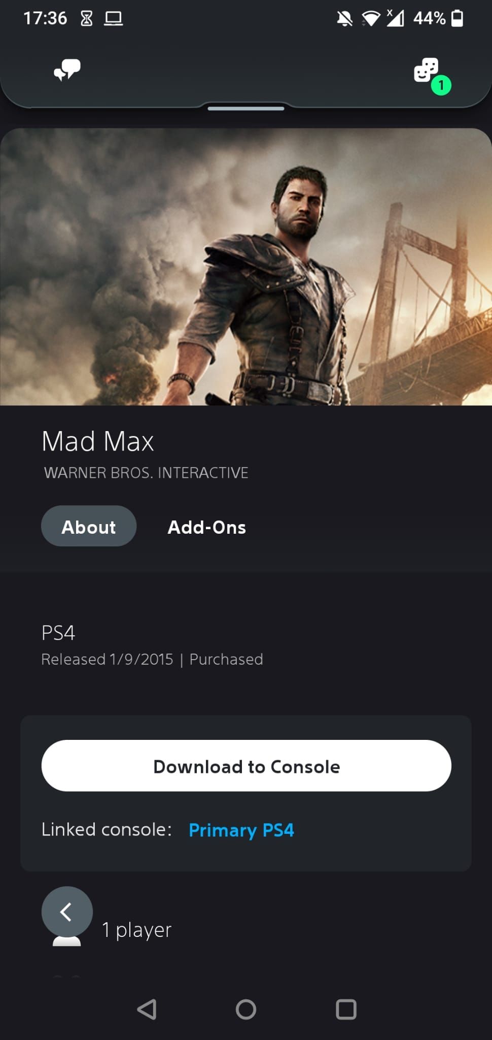 The Mad Max game page on the PS App on Android