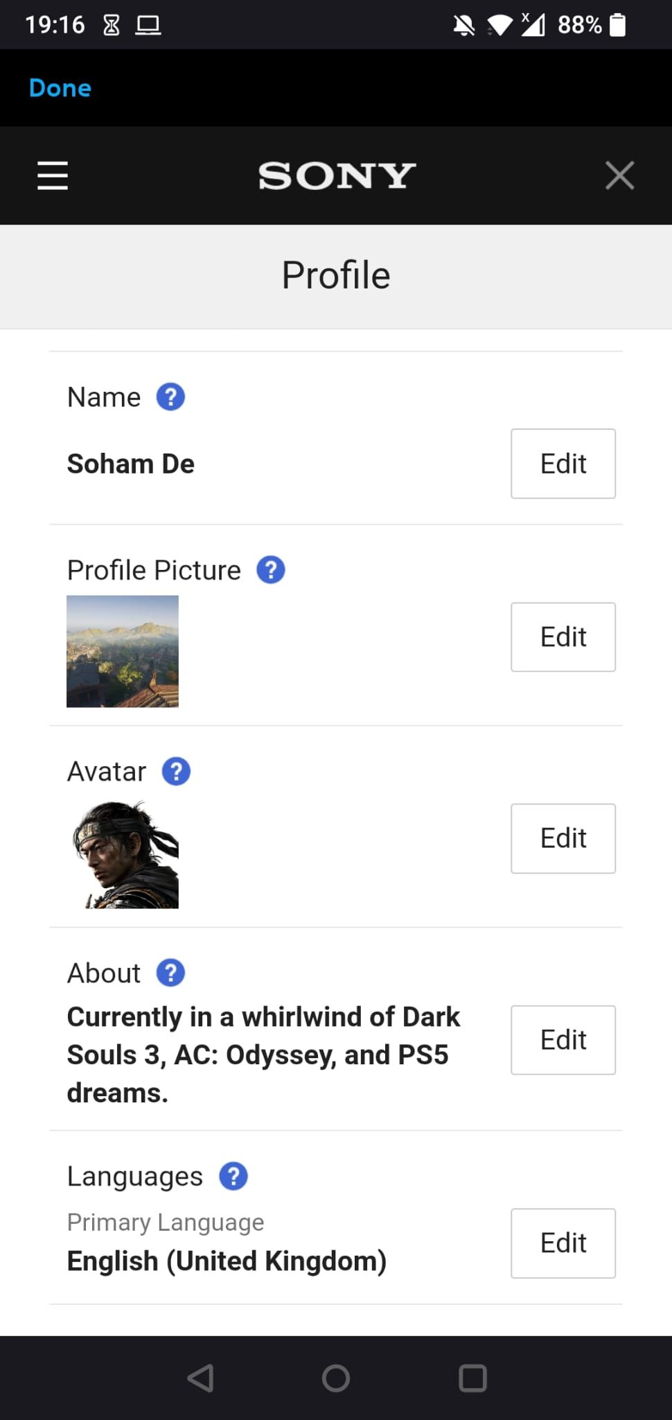 The PSN profile settings on the PS App on Android