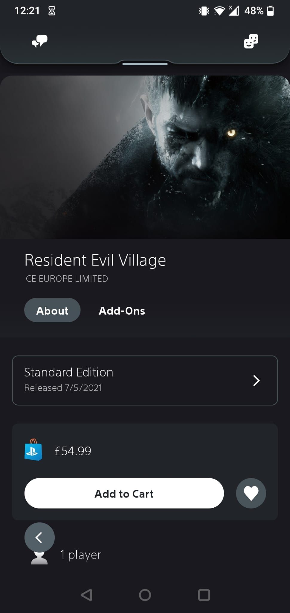 The game page for Resident Evil Village on the PS app