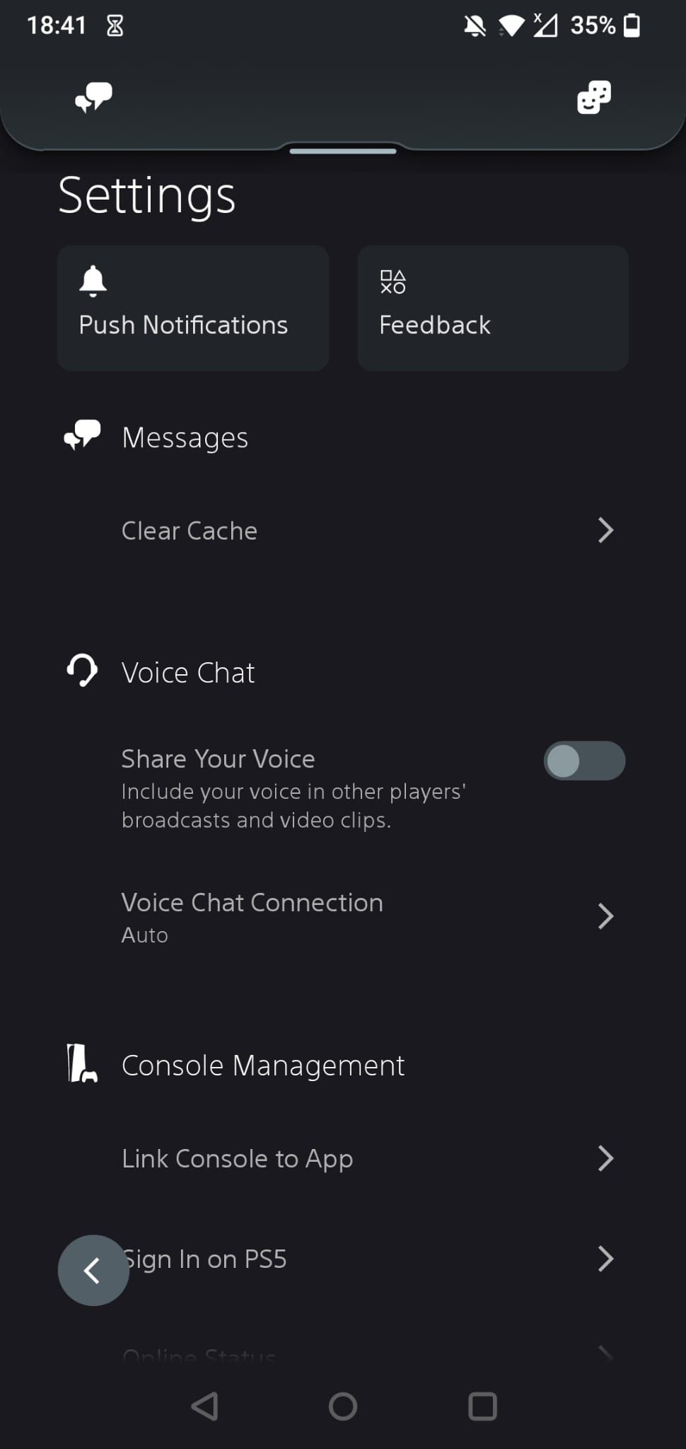 The Settings section on the PS App on Android