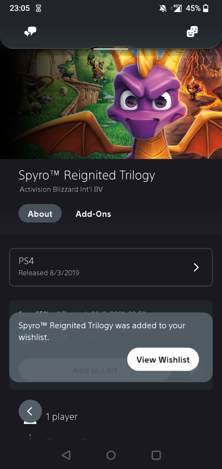 Spyro Reignited Trilogy added to wishlist on the PS app