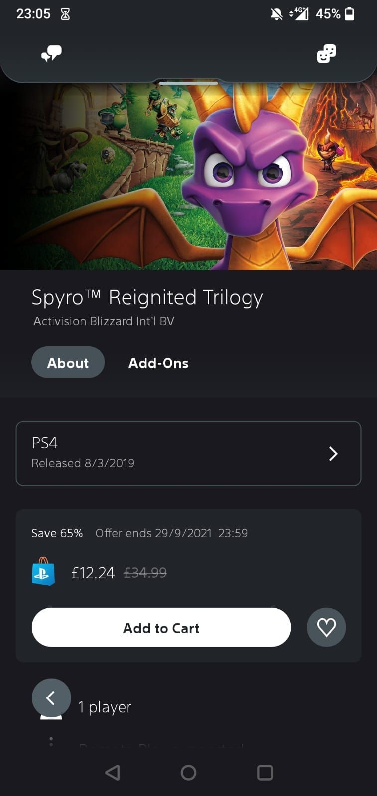 The Spyro Reignited Trilogy game page on the PS app