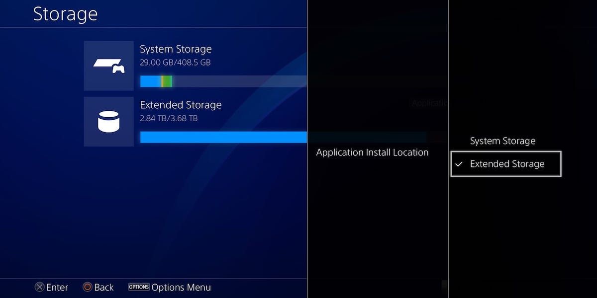 Extended Storage ticked on the Application Install Location menu on a PS4