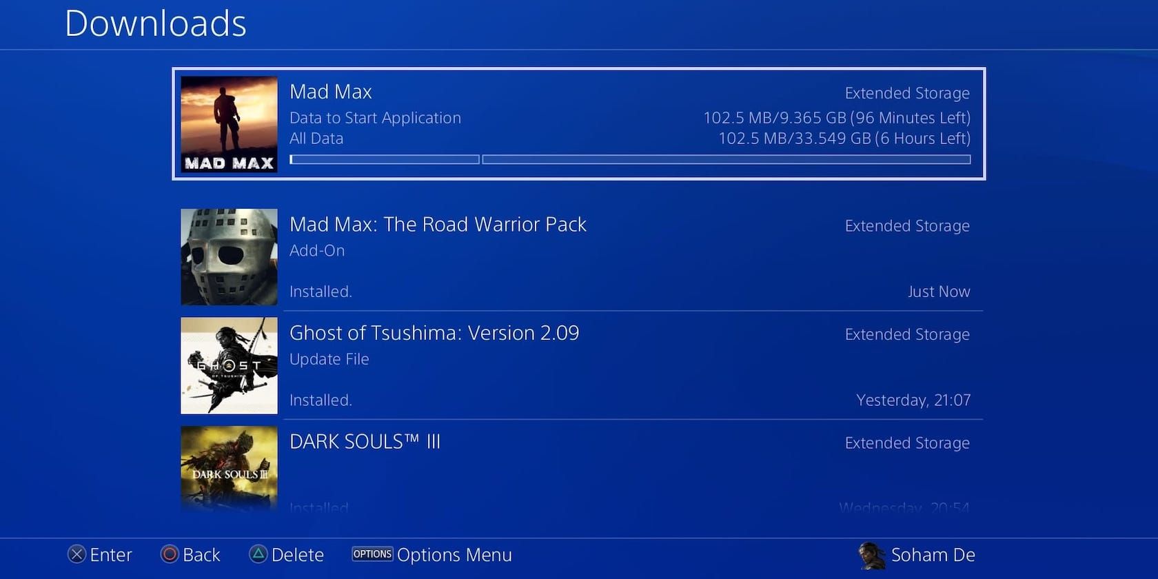 The Downloads section of the PS4 downloading Mad Max