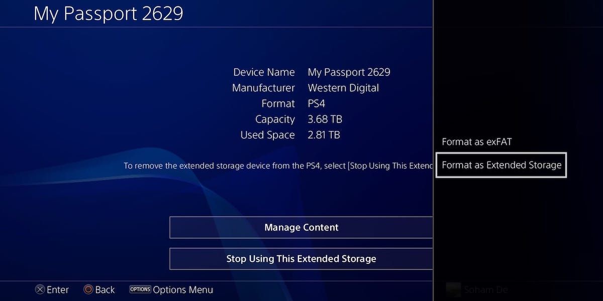 The Format as Extended Storage option on a PS4