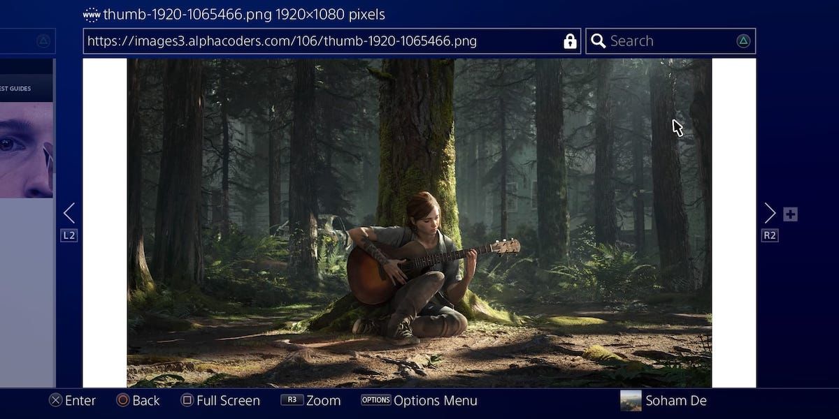 The PS4 Internet Browser app with a TLOU Part II wallpaper