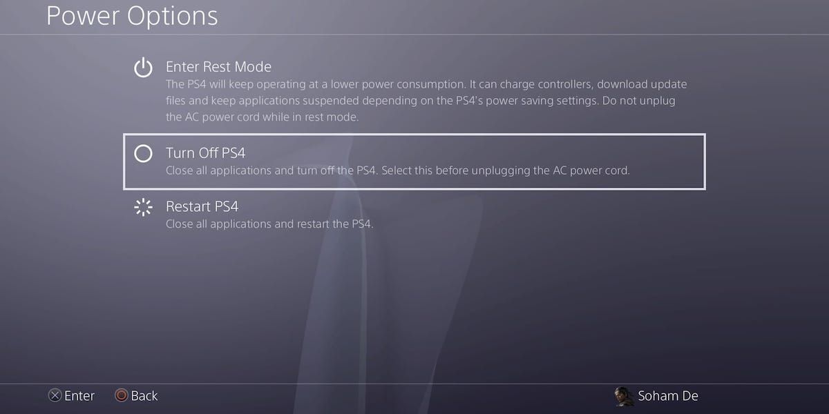 The PS4 power options section