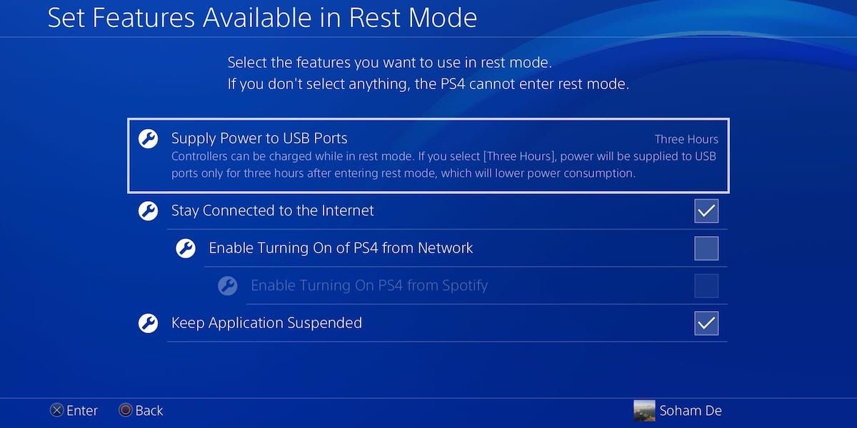 The Set Features Available in Rest Mode section on a PS4 