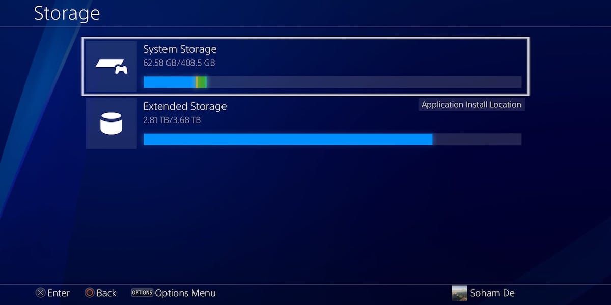 The Storage settings on a PS4