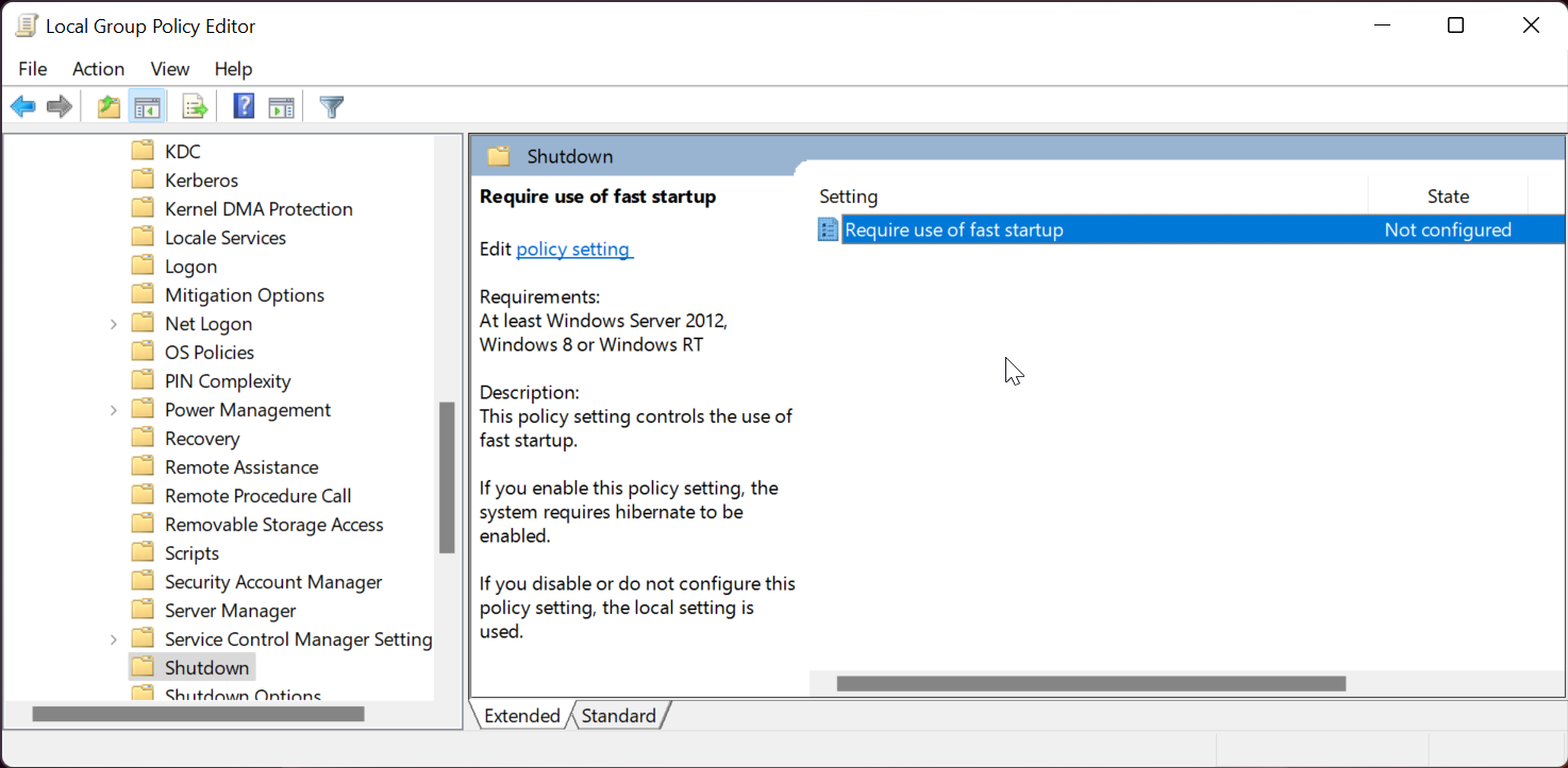 require use of fast startup group policy editor