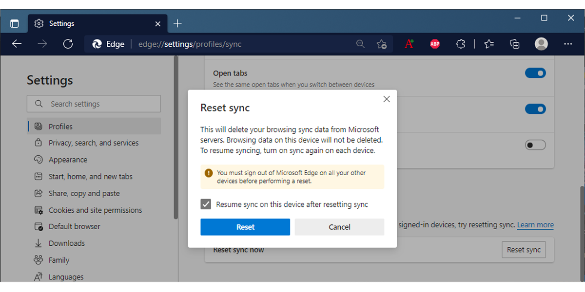 So beheben Sie den Fehler “Synchronisierung ist angehalten, Fehler bei erneuter Anmeldung” in Microsoft Edge - reset sync 1