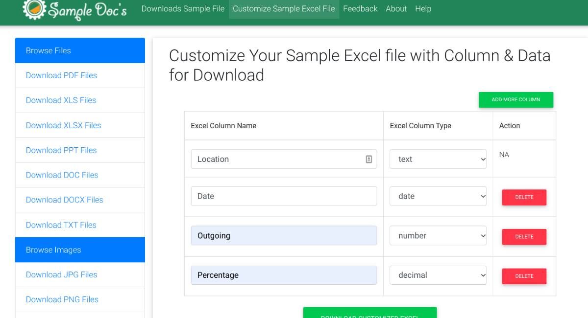Sample Docs makes it easy to create a custom Excel file with four basic field parameters