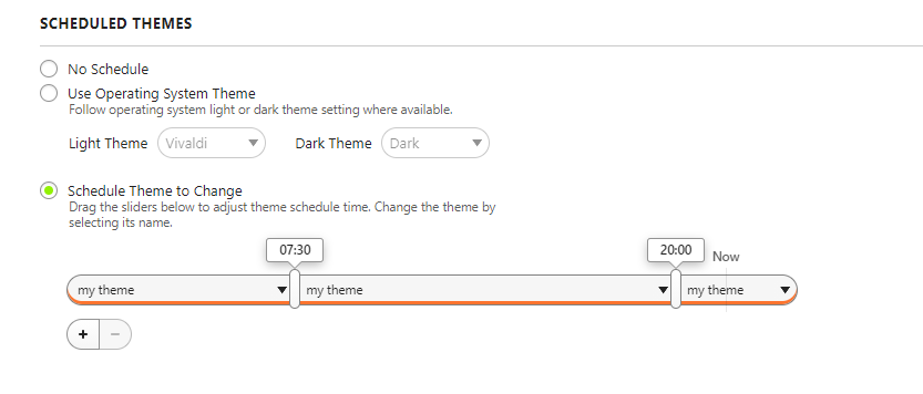 screenshot of  scheduled themes option in vivaldi