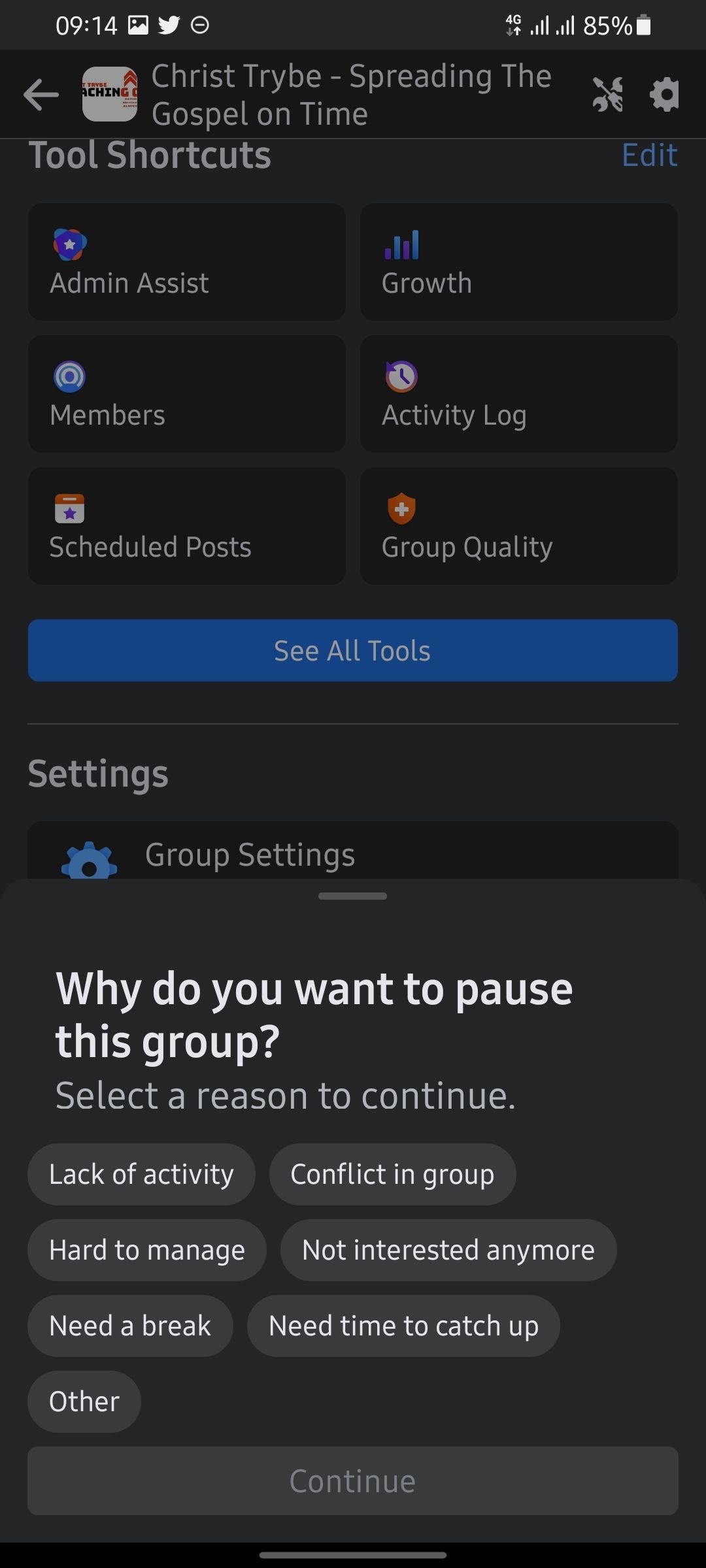 screenshot showing facebook asking the reason why an admin wants to pause a group